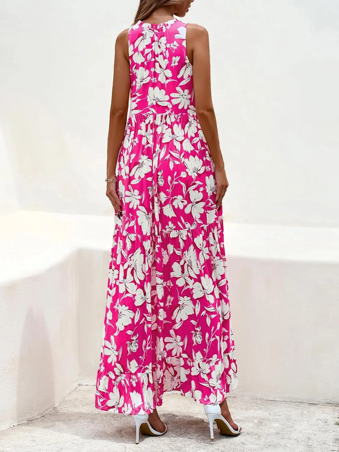 BTFBM Womens Summer Maxi Dresses 2025 Casual Sleeveless V Neck Loose Fit Floral Boho Dress Beach Long Sundress