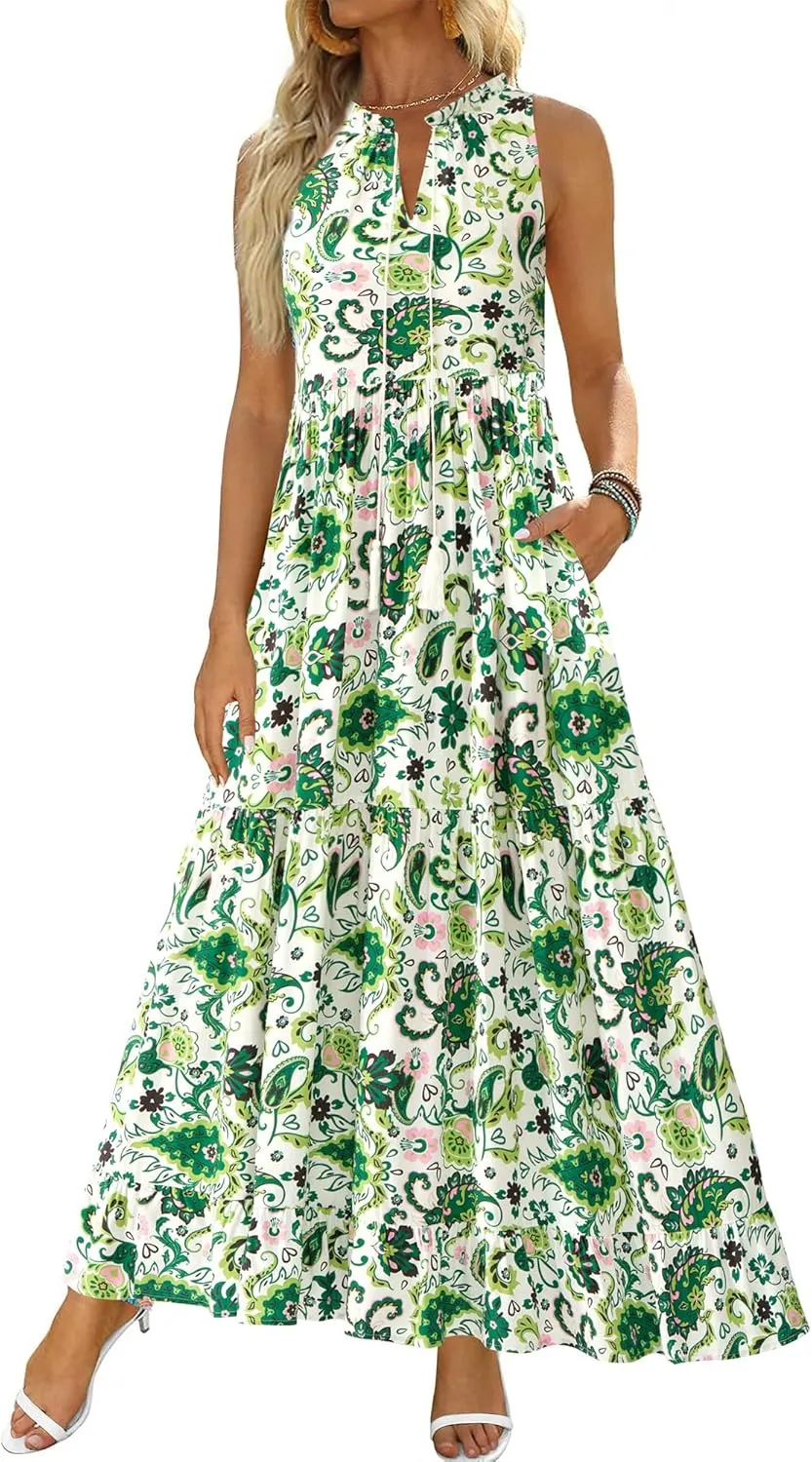 BTFBM Womens Summer Maxi Dresses 2025 Casual Sleeveless V Neck Loose Fit Floral Boho Dress Beach Long Sundress