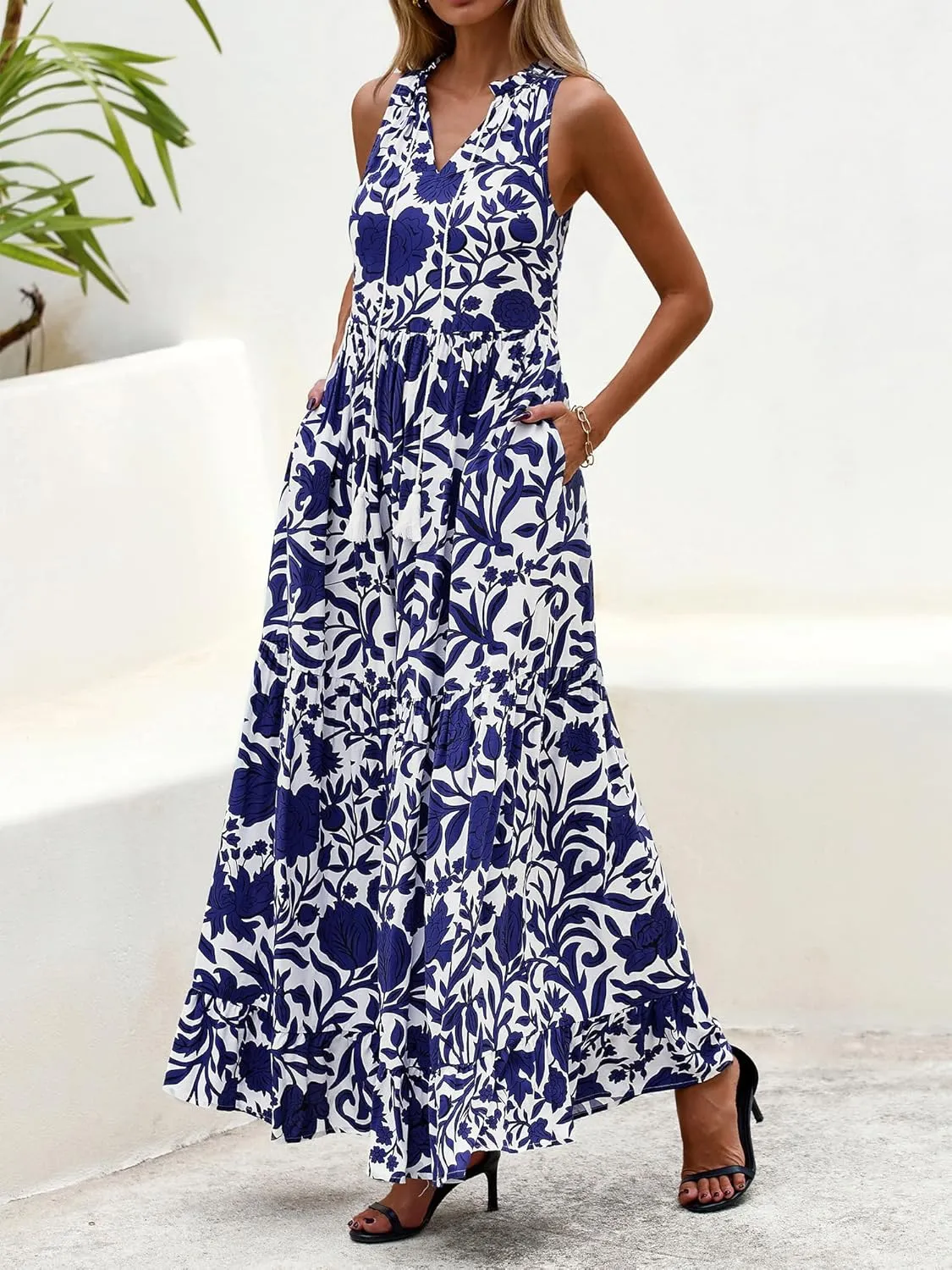 BTFBM Womens Summer Maxi Dresses 2025 Casual Sleeveless V Neck Loose Fit Floral Boho Dress Beach Long Sundress