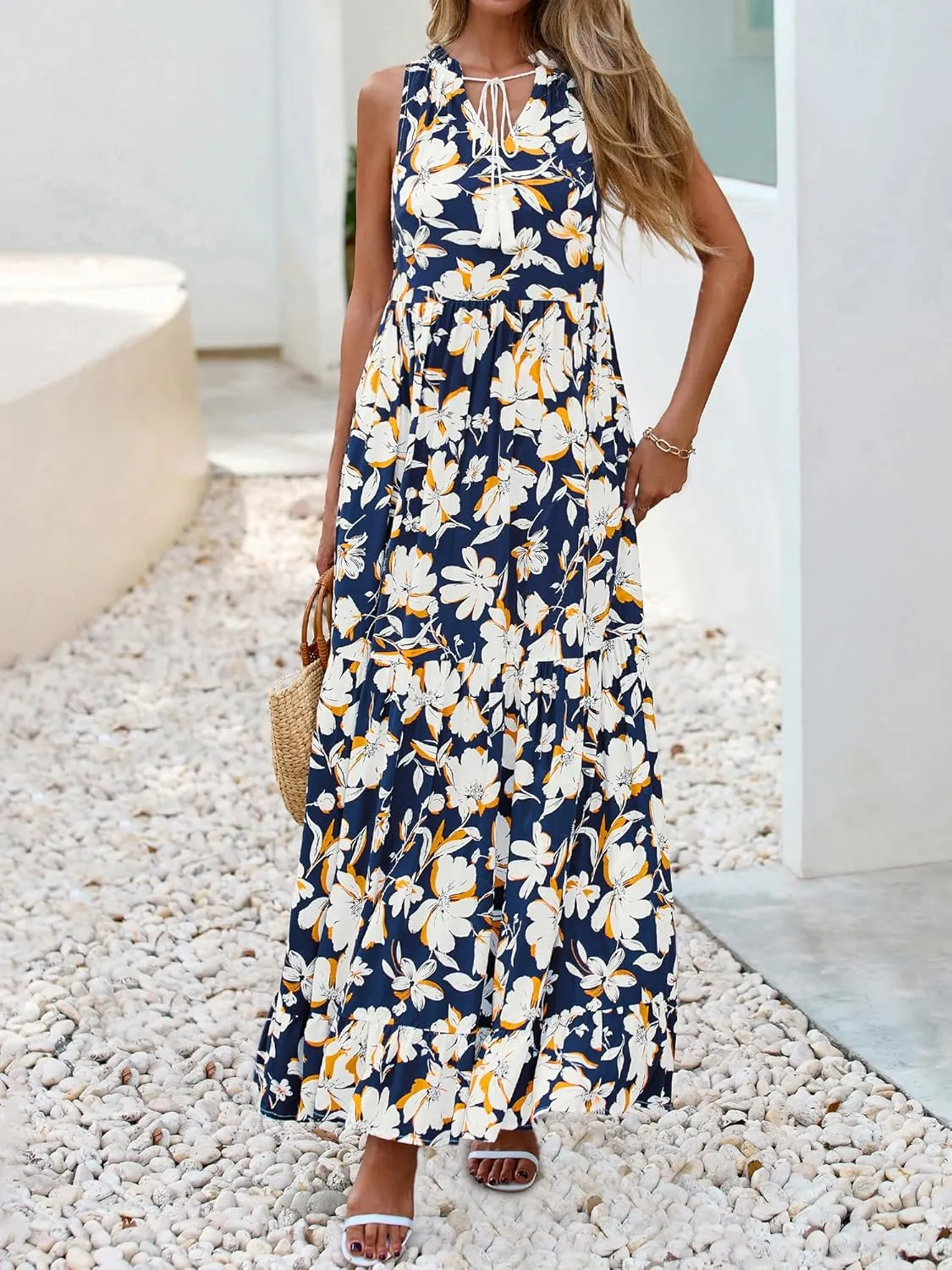 BTFBM Womens Summer Maxi Dresses 2025 Casual Sleeveless V Neck Loose Fit Floral Boho Dress Beach Long Sundress