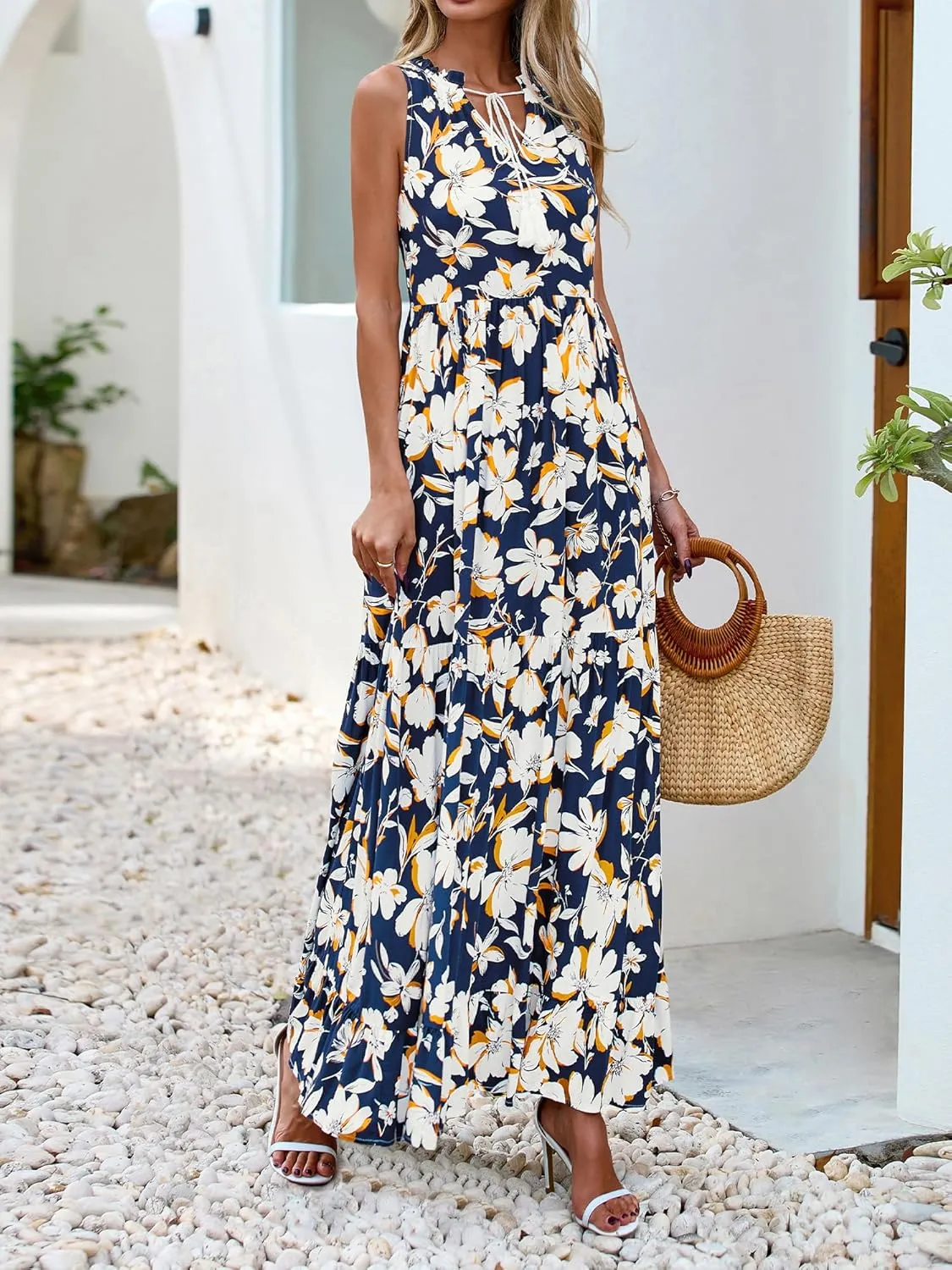 BTFBM Womens Summer Maxi Dresses 2025 Casual Sleeveless V Neck Loose Fit Floral Boho Dress Beach Long Sundress