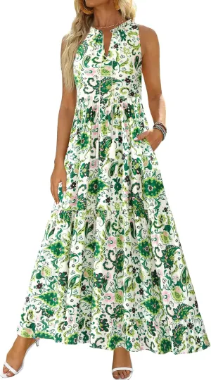 BTFBM Womens Summer Maxi Dresses 2025 Casual Sleeveless V Neck Loose Fit Floral Boho Dress Beach Long Sundress