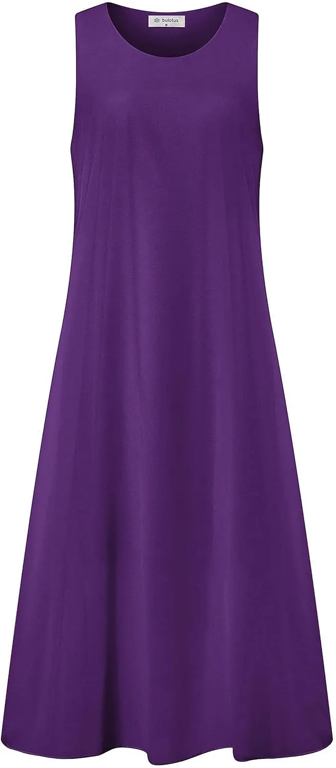Bulotus Womens Sleeveless Loose Plain Midi Dress Summer Chiffon Flowy Swing Dresses