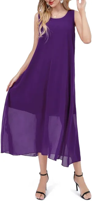 Bulotus Womens Sleeveless Loose Plain Midi Dress Summer Chiffon Flowy Swing Dresses