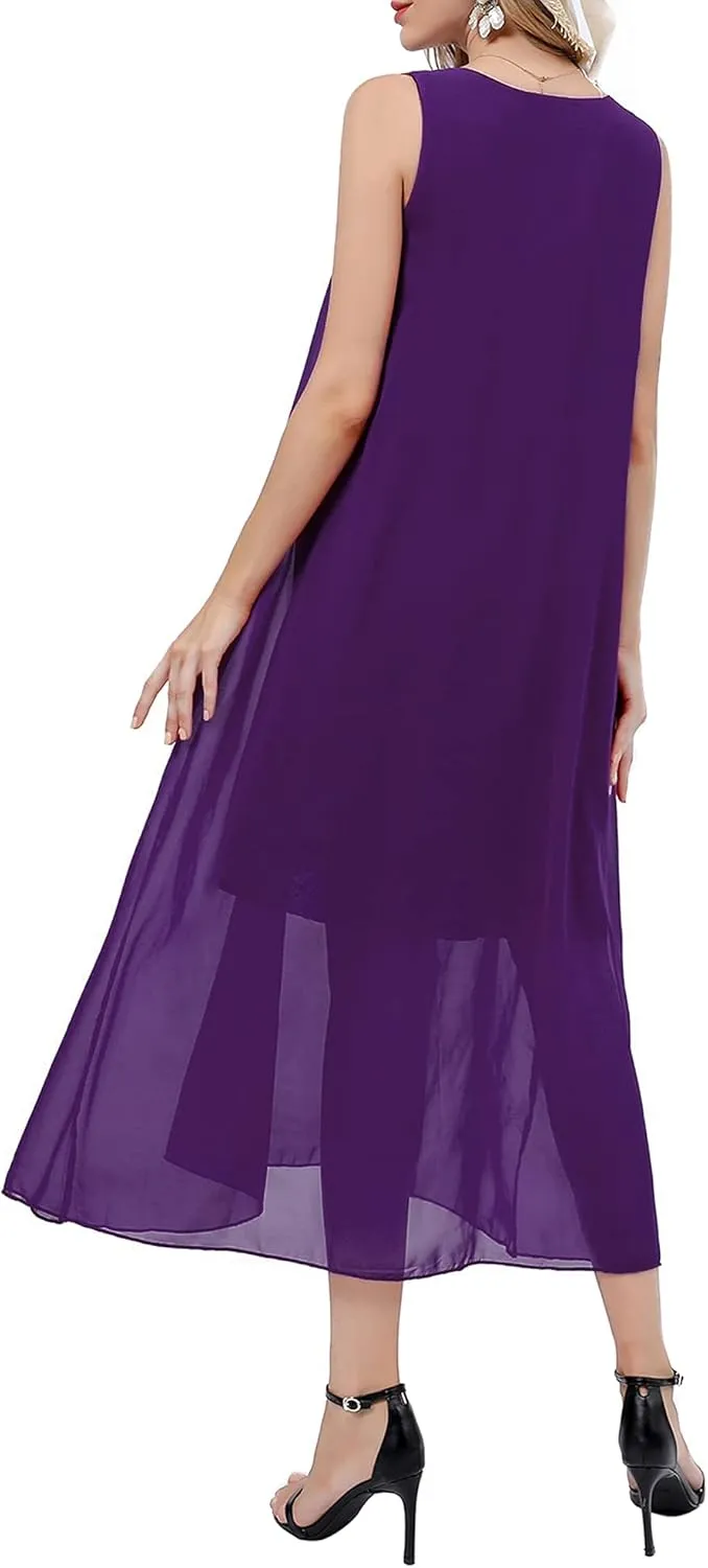 Bulotus Womens Sleeveless Loose Plain Midi Dress Summer Chiffon Flowy Swing Dresses