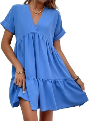 Canbebig Women's Roll Up Short Sleeve V Neck Ruffle Hem Solid Swing Smock Dress Casual Loose Fit Mini Dress Summer Beach Wear