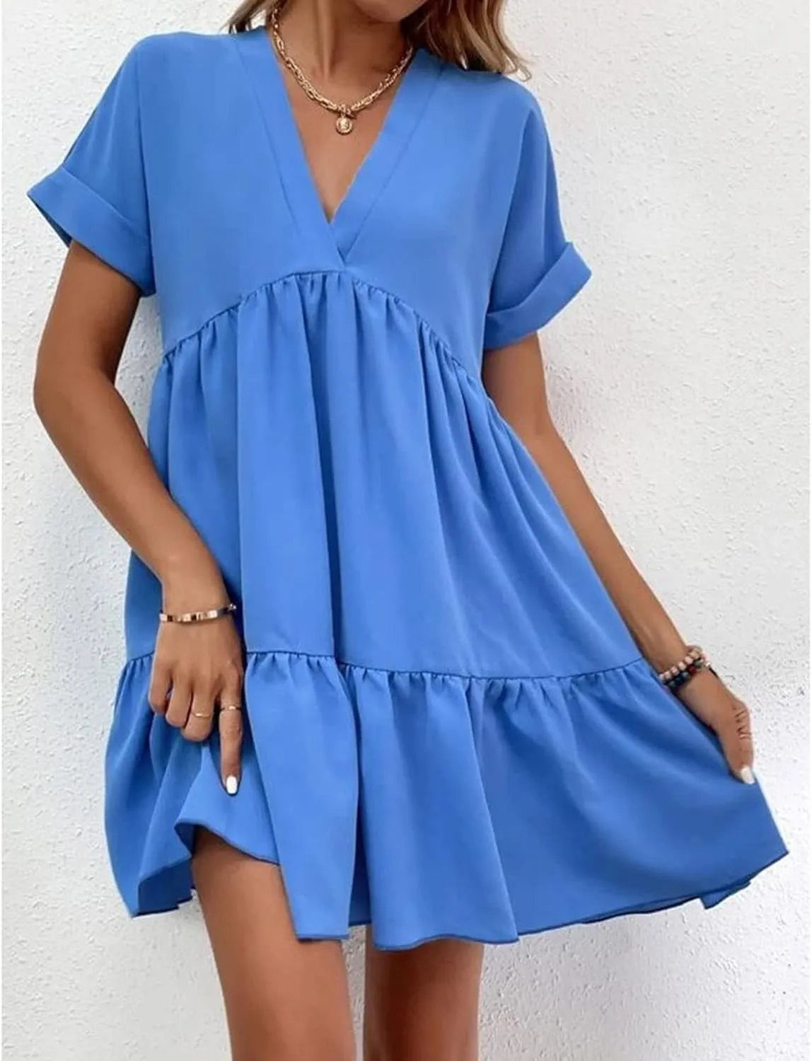 Canbebig Women's Roll Up Short Sleeve V Neck Ruffle Hem Solid Swing Smock Dress Casual Loose Fit Mini Dress Summer Beach Wear