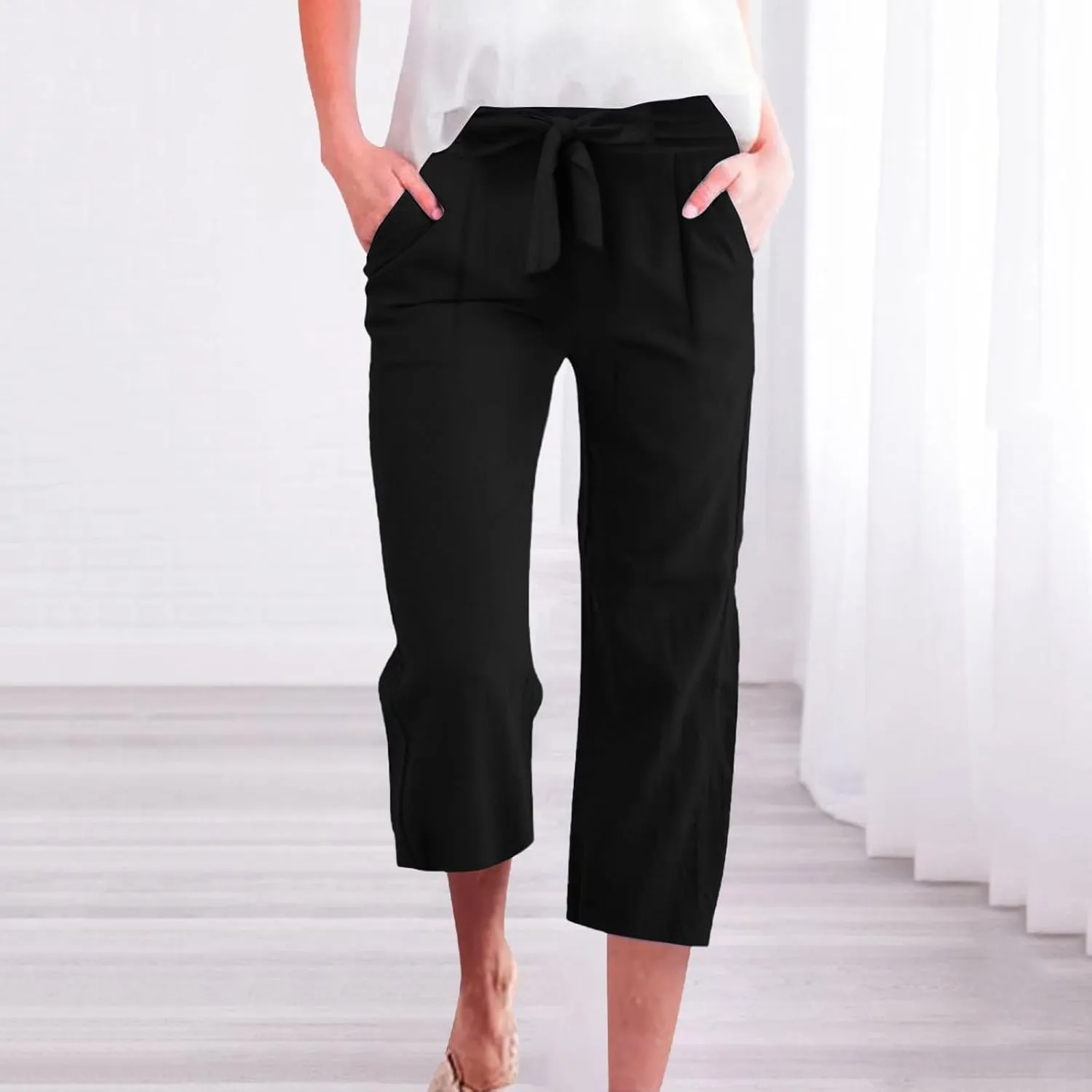 Capri Pants for Women Casual Straight Wide Leg Cropped Trousers Drawstring Elastic High Waist Linen Summer Pant