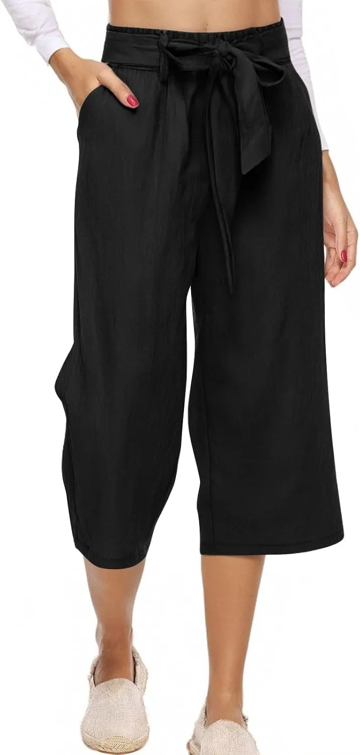Capri Pants for Women Casual Straight Wide Leg Cropped Trousers Drawstring Elastic High Waist Linen Summer Pant