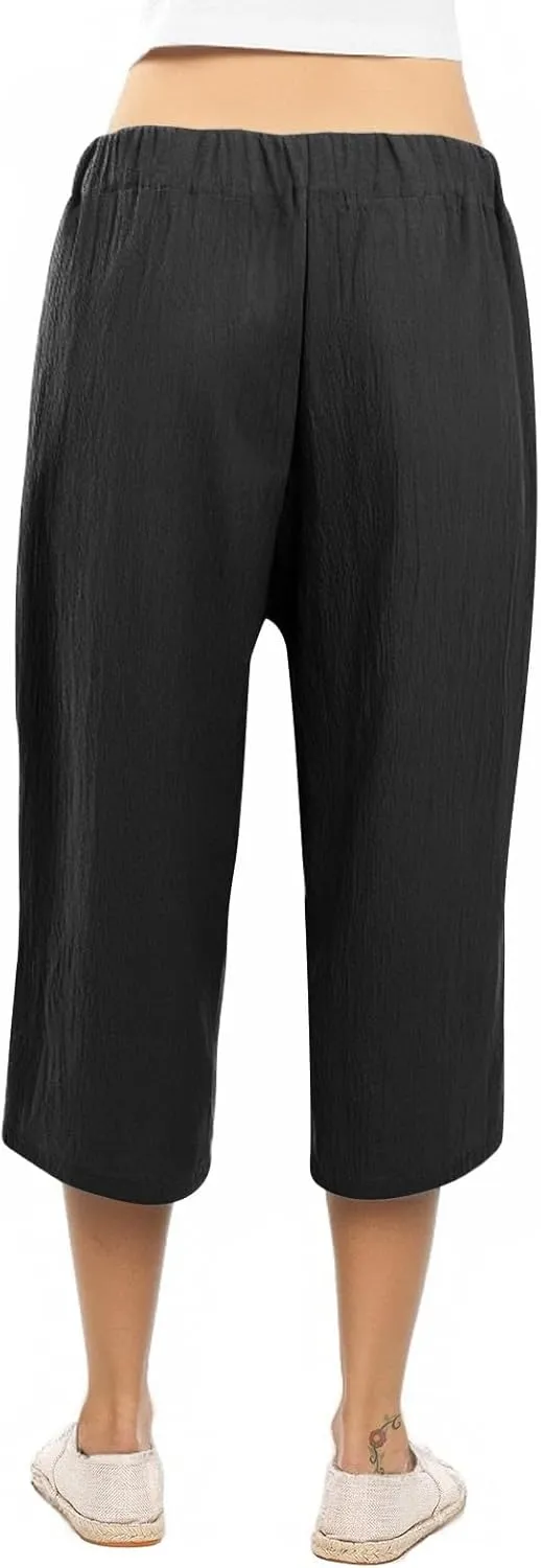 Capri Pants for Women Casual Straight Wide Leg Cropped Trousers Drawstring Elastic High Waist Linen Summer Pant
