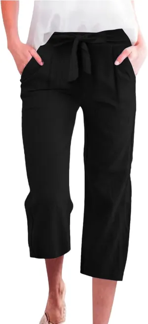 Capri Pants for Women Casual Straight Wide Leg Cropped Trousers Drawstring Elastic High Waist Linen Summer Pant