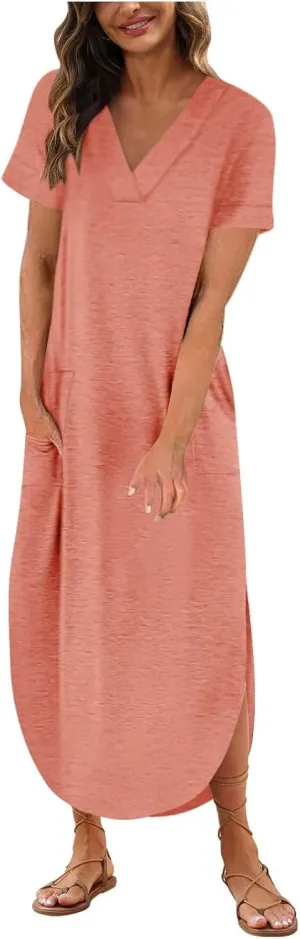 Casual Dresses for Women Summer Short Sleeve T-Shirt Dress Swing A Line Beach Vacation Sundresses with Pockets