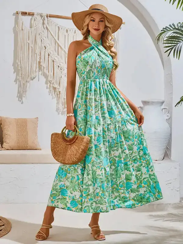 Casual resort style printed halter neck dress