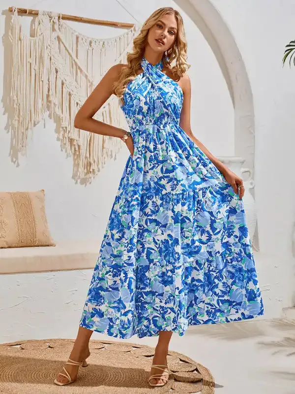 Casual resort style printed halter neck dress