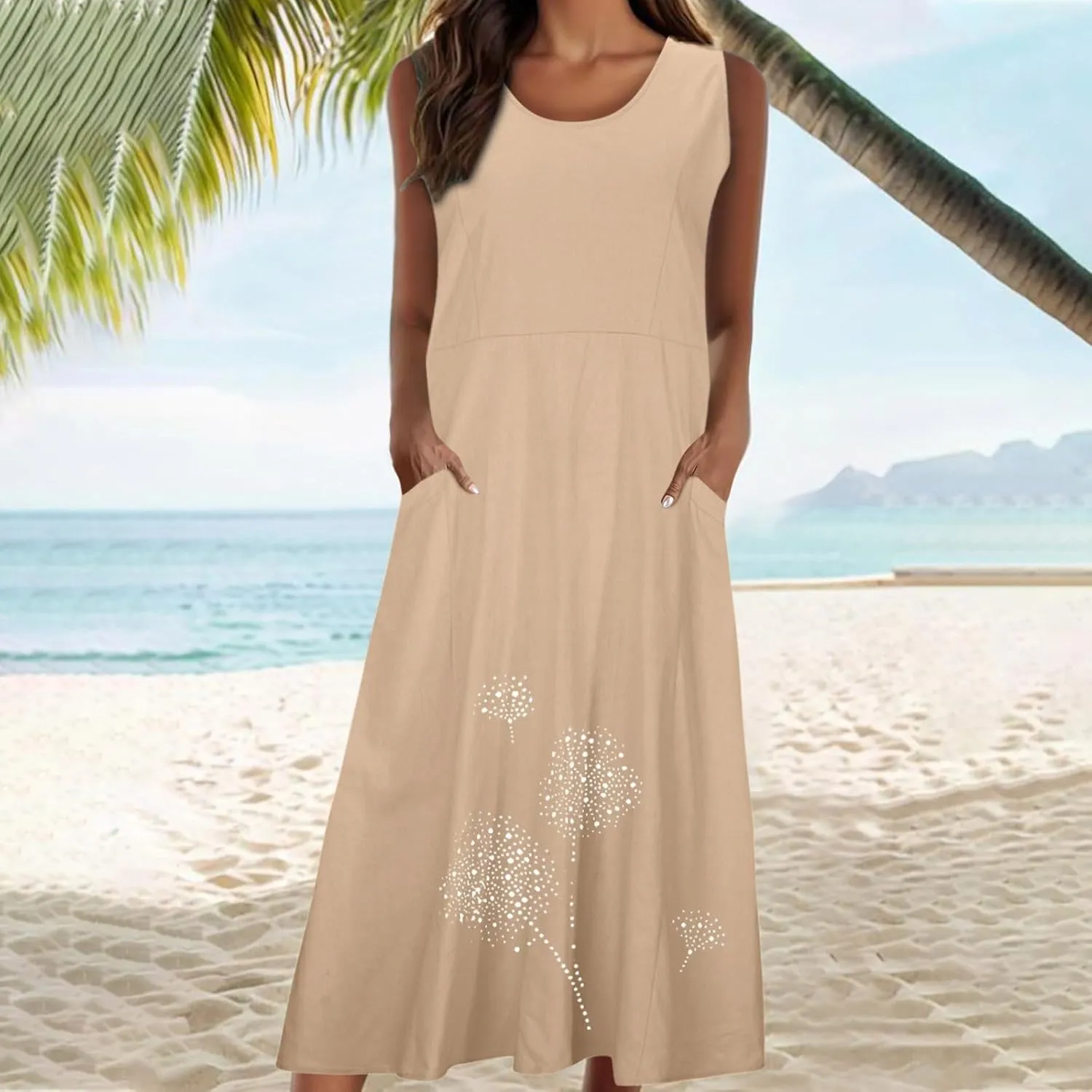 Ceboyel Womens Cotton Linen Maxi Dress Dandelion Print Long Dresses Trendy Vacation Flowy Tank Dress Boho Beach Clothes 2024