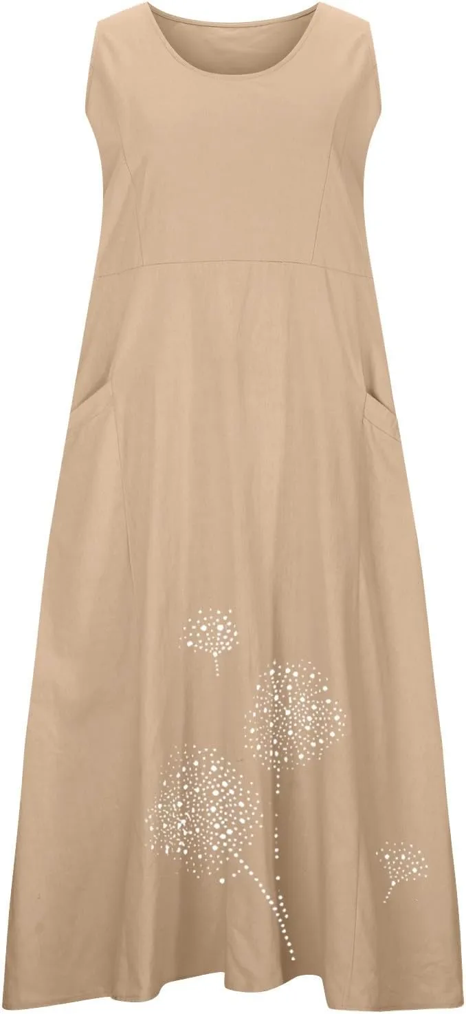 Ceboyel Womens Cotton Linen Maxi Dress Dandelion Print Long Dresses Trendy Vacation Flowy Tank Dress Boho Beach Clothes 2024