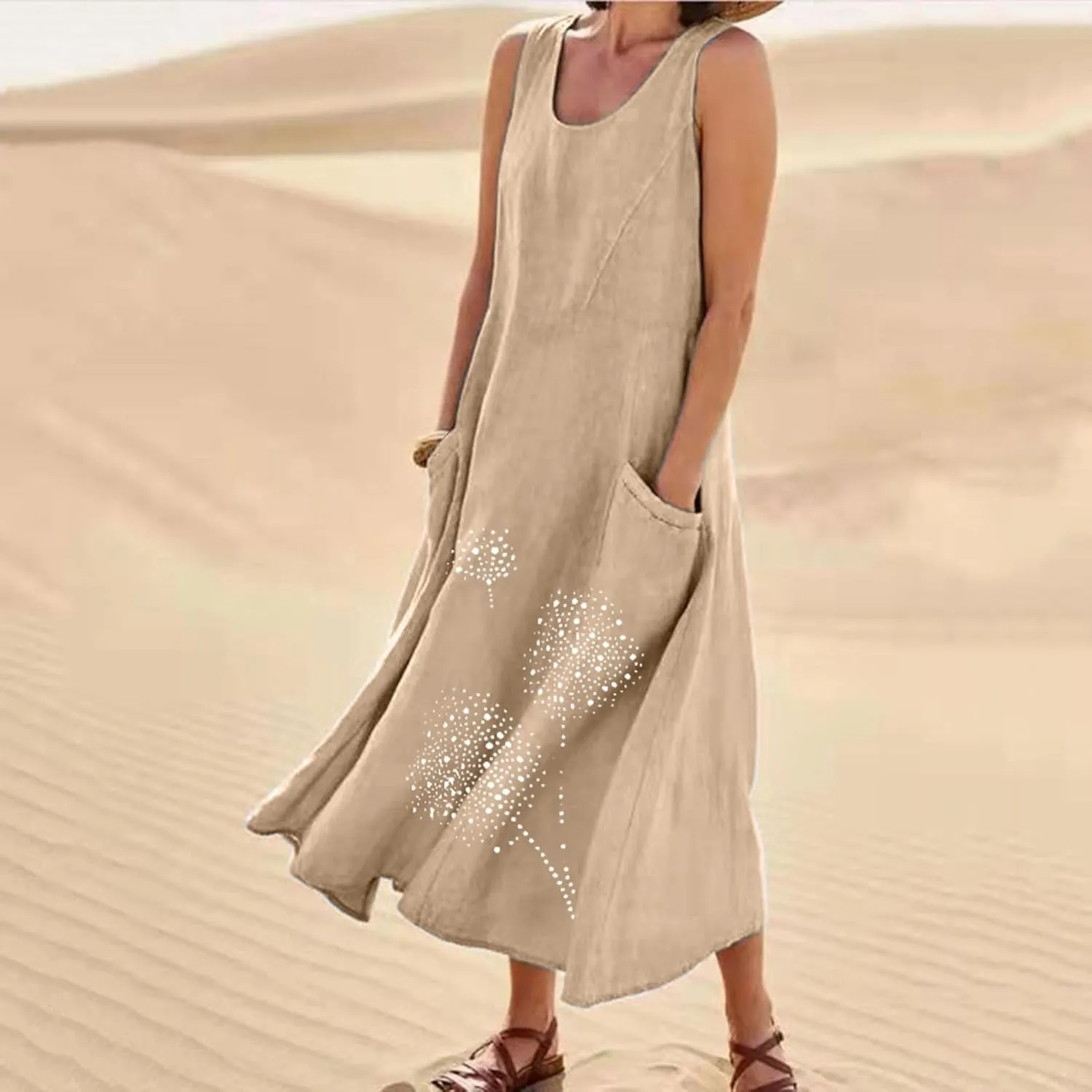 Ceboyel Womens Cotton Linen Maxi Dress Dandelion Print Long Dresses Trendy Vacation Flowy Tank Dress Boho Beach Clothes 2024