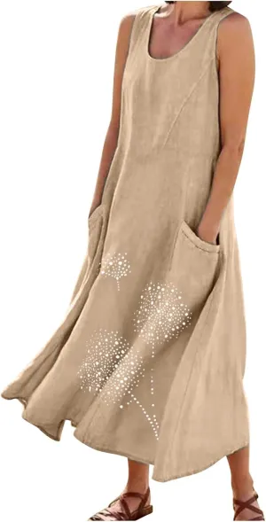 Ceboyel Womens Cotton Linen Maxi Dress Dandelion Print Long Dresses Trendy Vacation Flowy Tank Dress Boho Beach Clothes 2024