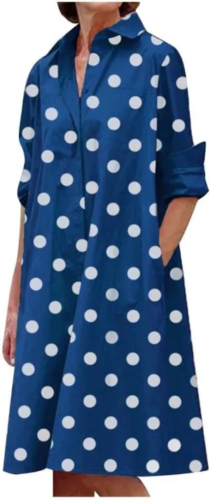 Ceboyel Womens Polka Dots Midi Dress Knee Length Half Sleeve Dresses Casual Loose Shirt Dress Dressy Trendy Summer Outfits