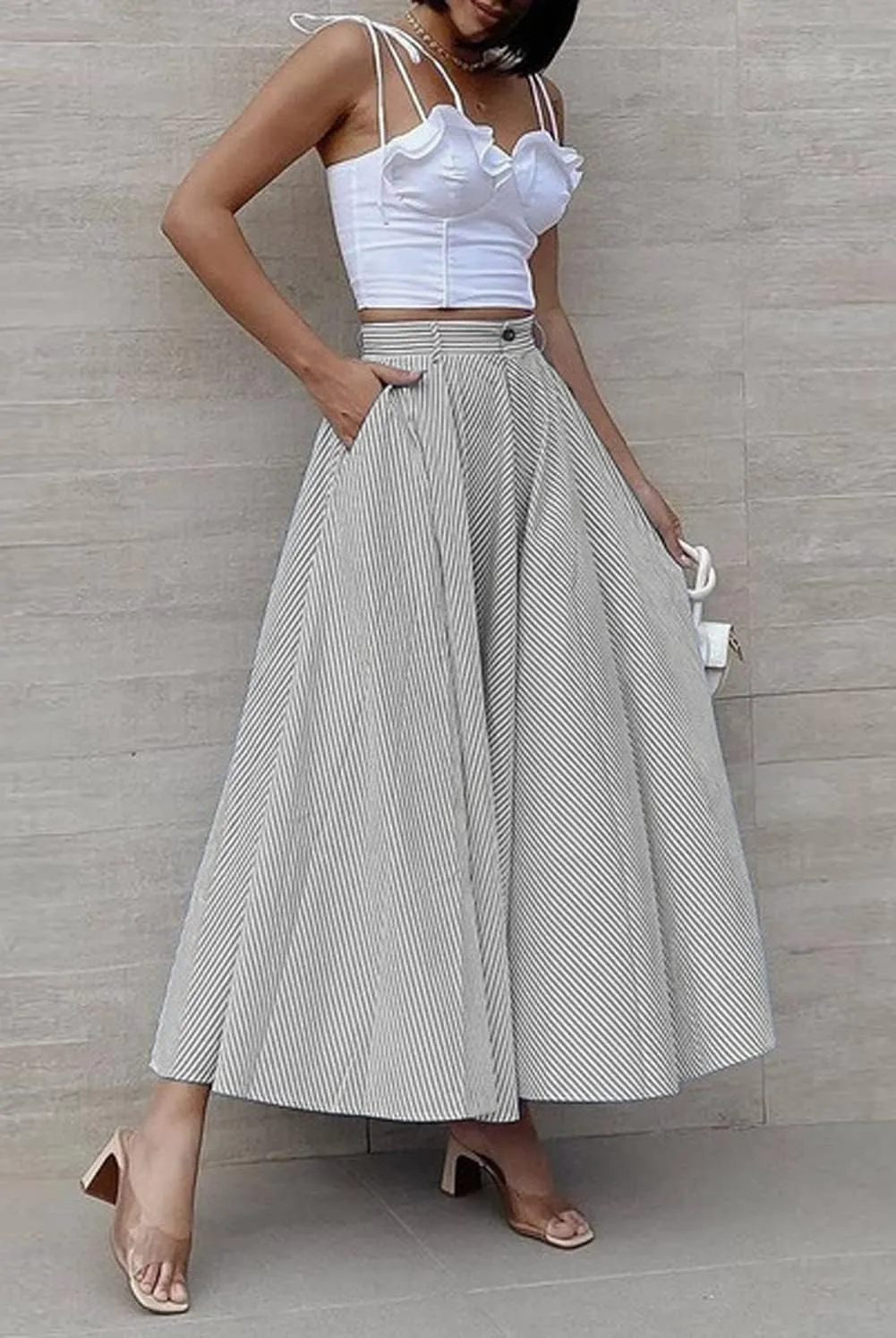 CHARTOU Women's Elegant High Waist Stripes Summer Flowy Long Skirt with Pockets