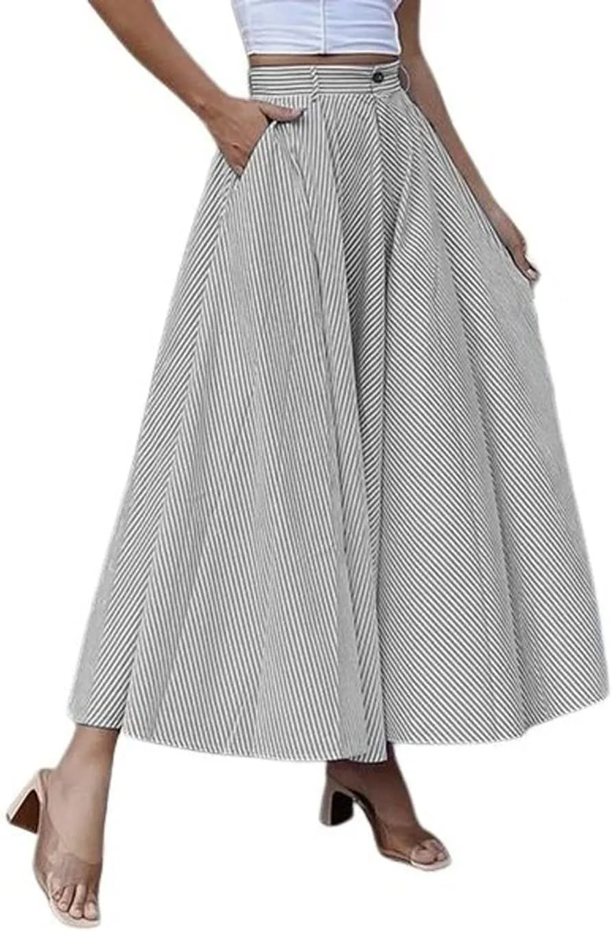 CHARTOU Women's Elegant High Waist Stripes Summer Flowy Long Skirt with Pockets