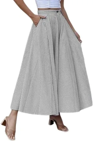CHARTOU Women's Elegant High Waist Stripes Summer Flowy Long Skirt with Pockets