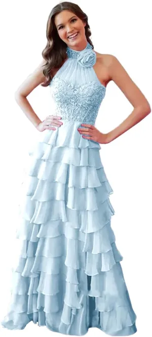Chiffon Prom Dress with Laces Applique 3D Flower Beaded Evening Party Gown Tiered Ruffles Slit Party Dress