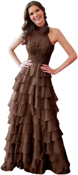 Chiffon Prom Dress with Laces Applique 3D Flower Beaded Evening Party Gown Tiered Ruffles Slit Party Dress