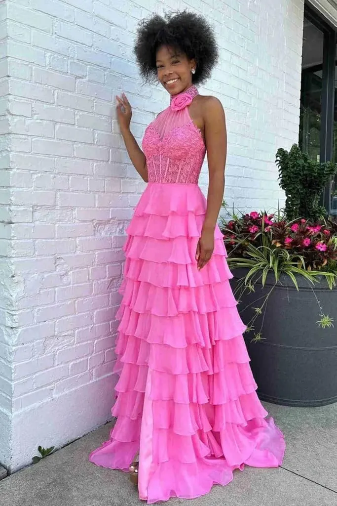 Chiffon Prom Dress with Laces Applique 3D Flower Beaded Evening Party Gown Tiered Ruffles Slit Party Dress