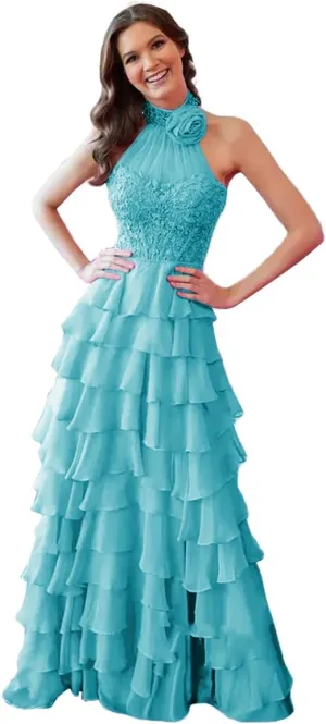Chiffon Prom Dress with Laces Applique 3D Flower Beaded Evening Party Gown Tiered Ruffles Slit Party Dress