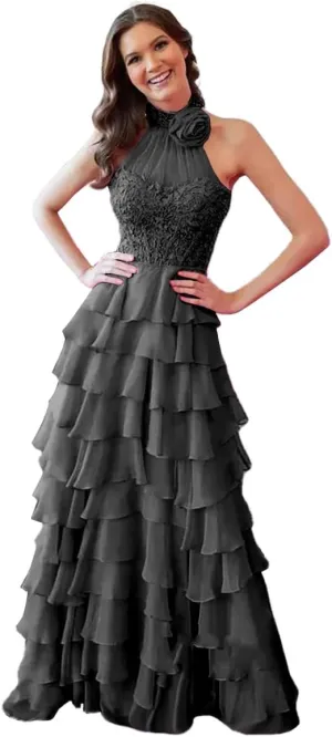 Chiffon Prom Dress with Laces Applique 3D Flower Beaded Evening Party Gown Tiered Ruffles Slit Party Dress