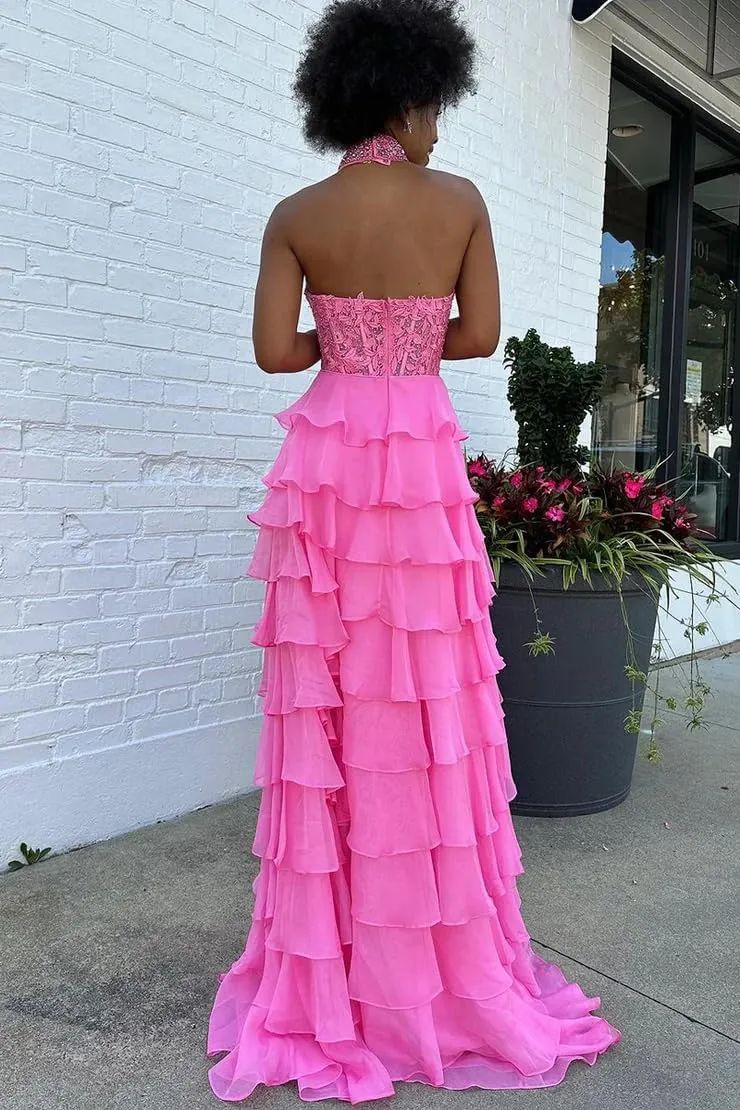 Chiffon Prom Dress with Laces Applique 3D Flower Beaded Evening Party Gown Tiered Ruffles Slit Party Dress
