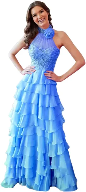 Chiffon Prom Dress with Laces Applique 3D Flower Beaded Evening Party Gown Tiered Ruffles Slit Party Dress
