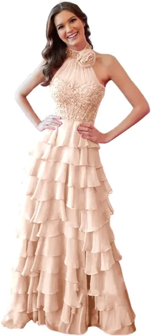 Chiffon Prom Dress with Laces Applique 3D Flower Beaded Evening Party Gown Tiered Ruffles Slit Party Dress