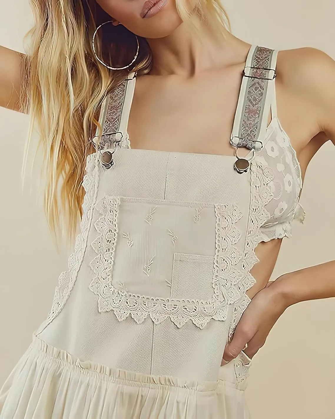 chouyatou Women's Lace Embroidered Tiered Maxi Dress Casual Suspender Strap Bib Overall Jumper Dress