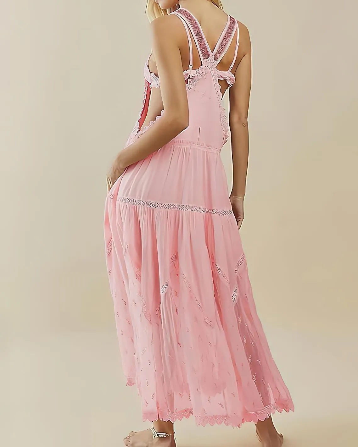 chouyatou Women's Lace Embroidered Tiered Maxi Dress Casual Suspender Strap Bib Overall Jumper Dress