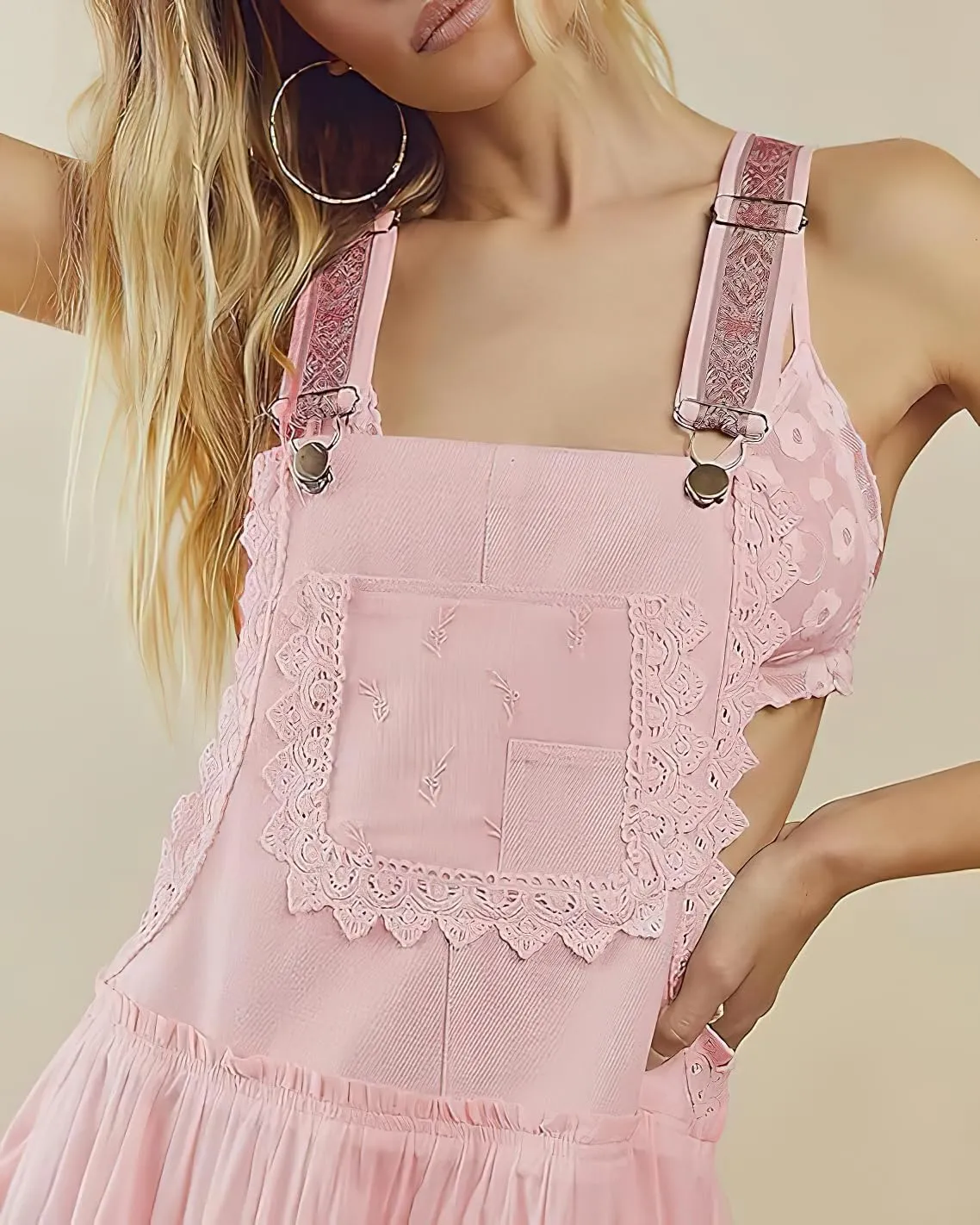 chouyatou Women's Lace Embroidered Tiered Maxi Dress Casual Suspender Strap Bib Overall Jumper Dress