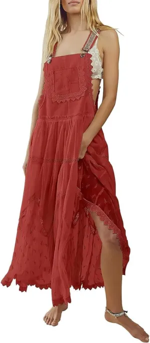 chouyatou Women's Lace Embroidered Tiered Maxi Dress Casual Suspender Strap Bib Overall Jumper Dress