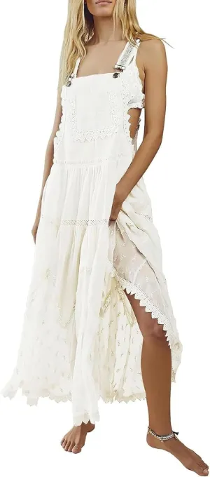 chouyatou Women's Lace Embroidered Tiered Maxi Dress Casual Suspender Strap Bib Overall Jumper Dress