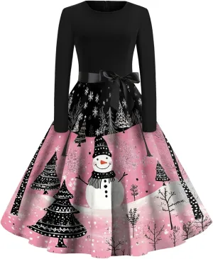 Christmas Dresses for Women 2024 Long Sleeve Crewneck Xmas Reindeer Big Hem Bodycon Midi A-Line Winter Hepburn Dress