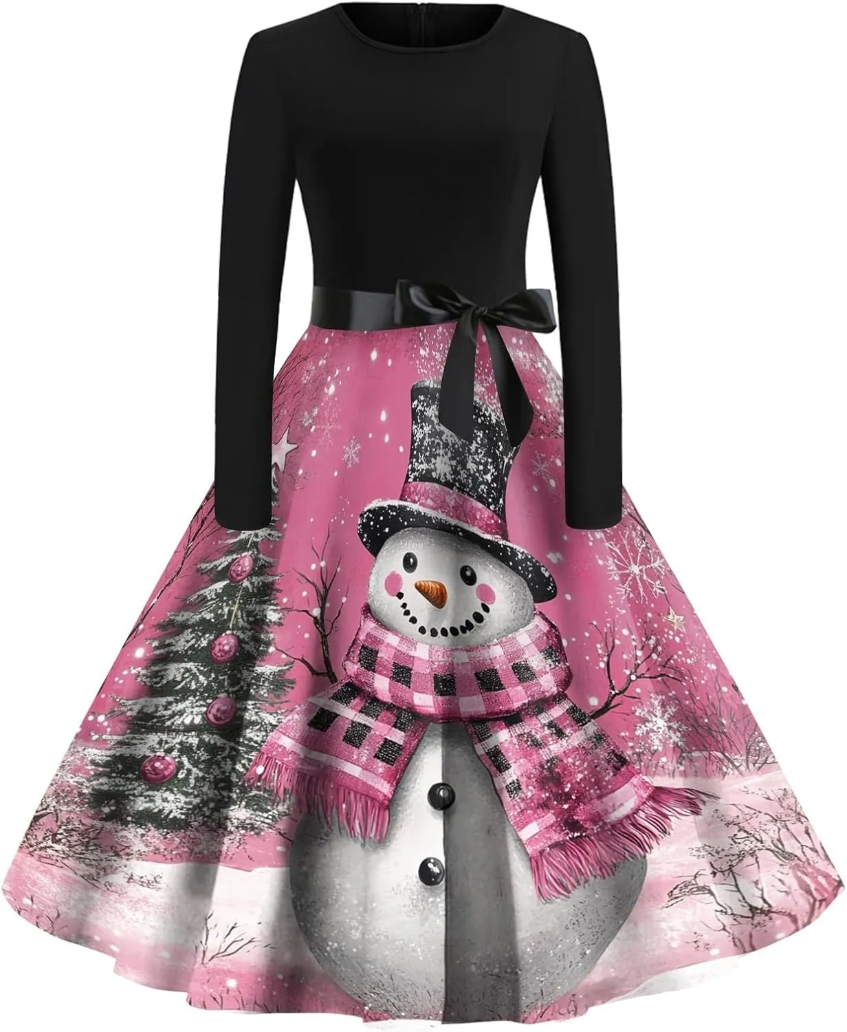Christmas Dresses for Women 2024 Long Sleeve Crewneck Xmas Reindeer Big Hem Bodycon Midi A-Line Winter Hepburn Dress