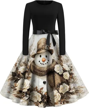Christmas Dresses for Women 2024 Long Sleeve Crewneck Xmas Reindeer Big Hem Bodycon Midi A-Line Winter Hepburn Dress