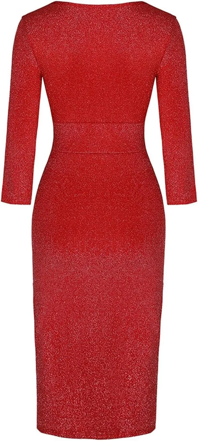 Cocktail Party Dresses,Elegant Formal Long Sleeve Sparkly Dress Plus Size Sexy Bodycon V Neck Smocked Slit Dress