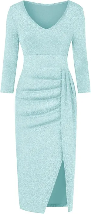 Cocktail Party Dresses,Elegant Formal Long Sleeve Sparkly Dress Plus Size Sexy Bodycon V Neck Smocked Slit Dress