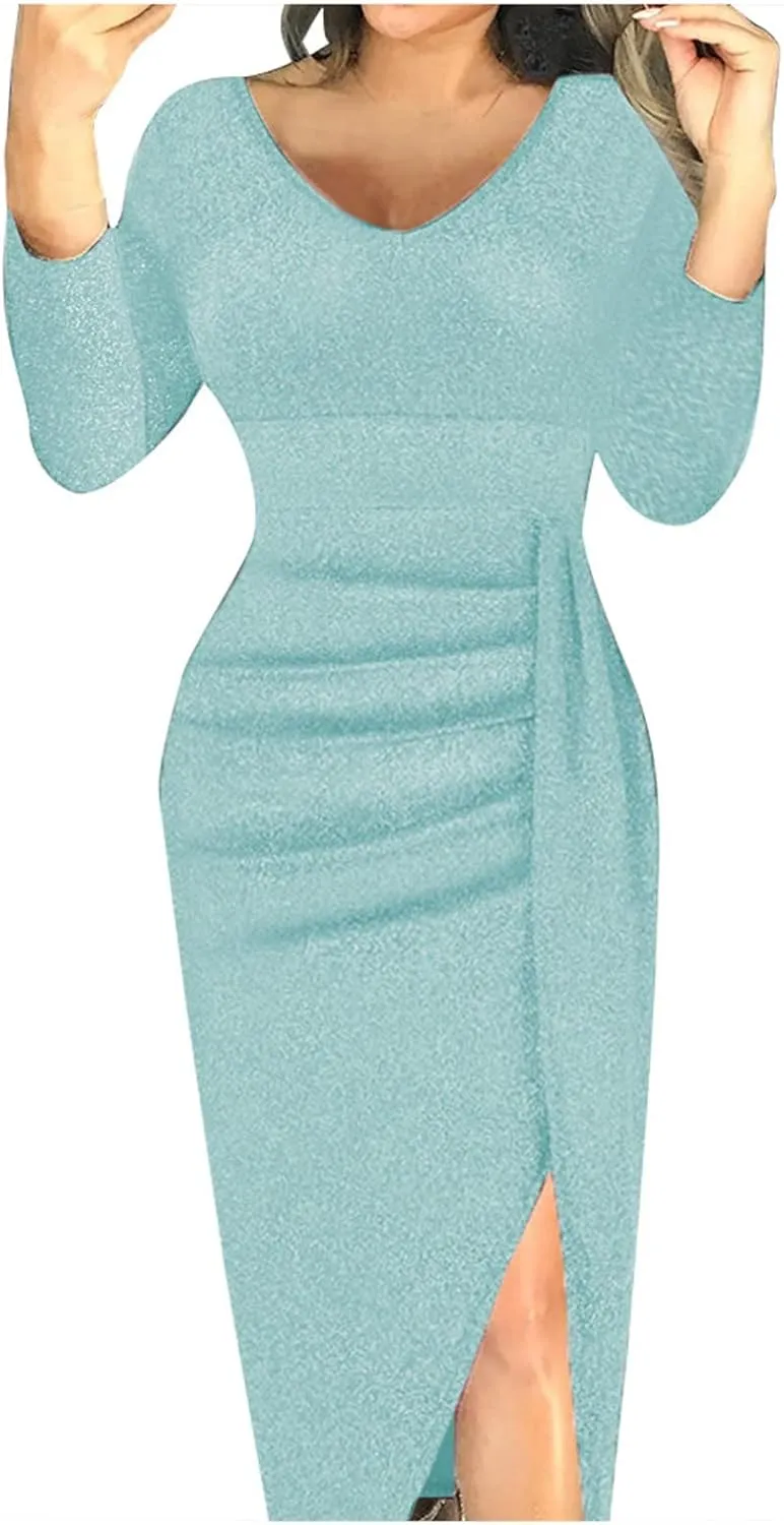 Cocktail Party Dresses,Elegant Formal Long Sleeve Sparkly Dress Plus Size Sexy Bodycon V Neck Smocked Slit Dress