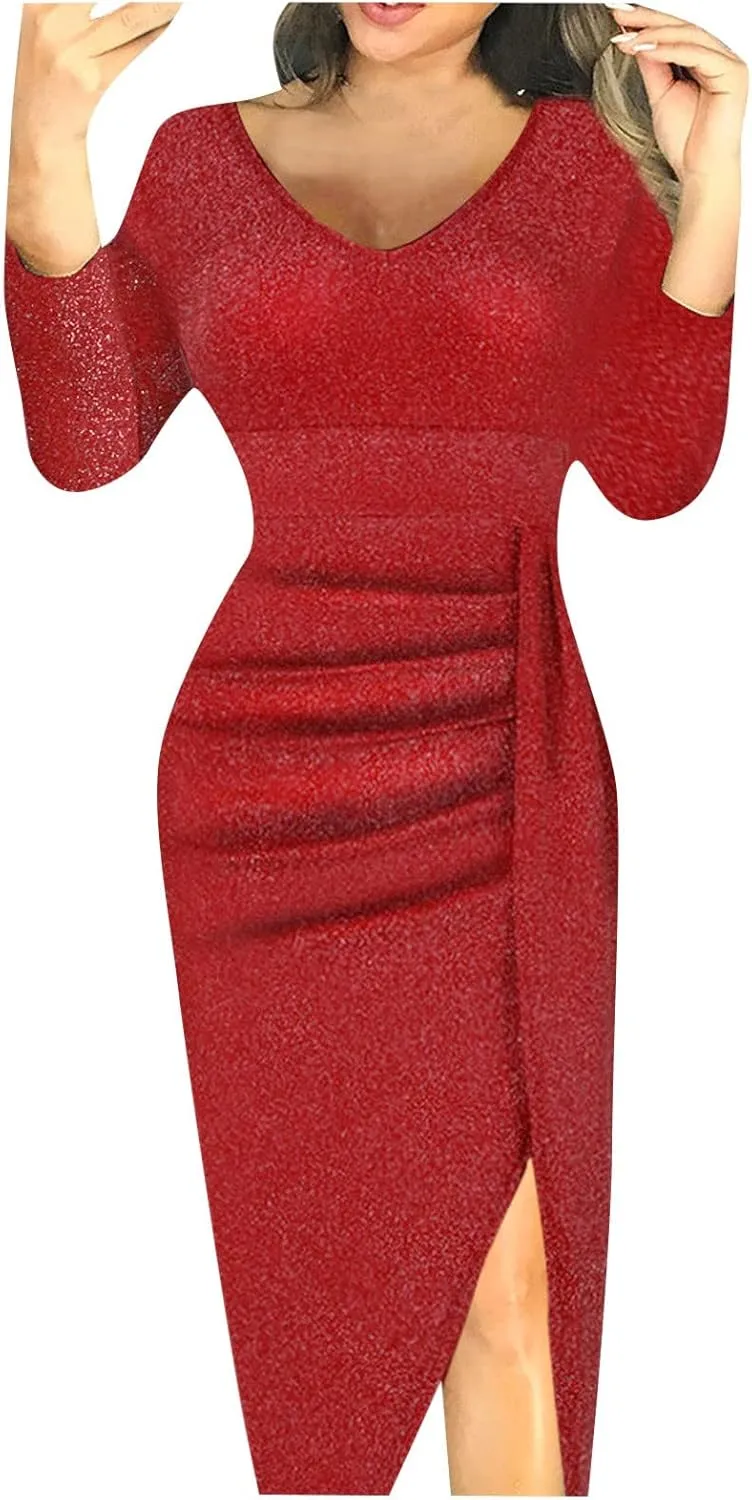 Cocktail Party Dresses,Elegant Formal Long Sleeve Sparkly Dress Plus Size Sexy Bodycon V Neck Smocked Slit Dress