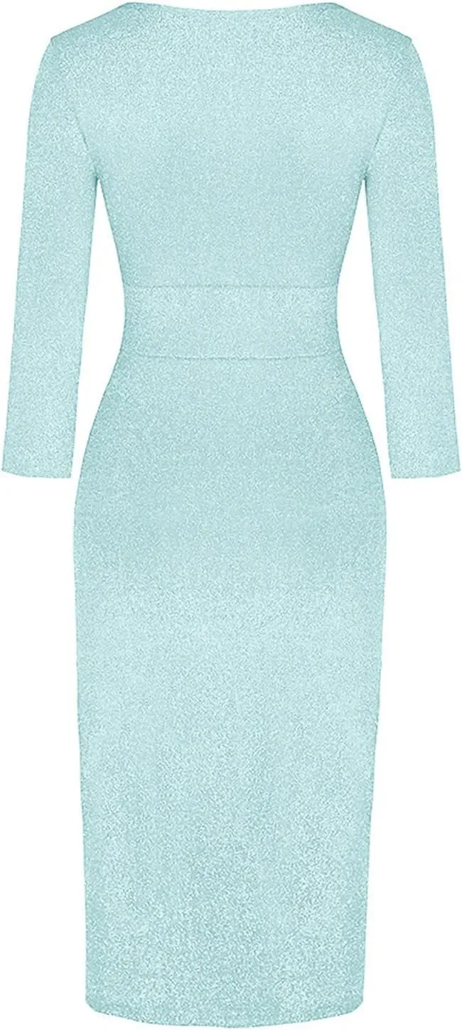 Cocktail Party Dresses,Elegant Formal Long Sleeve Sparkly Dress Plus Size Sexy Bodycon V Neck Smocked Slit Dress