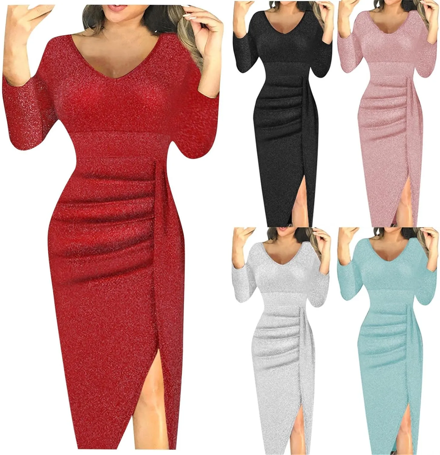 Cocktail Party Dresses,Elegant Formal Long Sleeve Sparkly Dress Plus Size Sexy Bodycon V Neck Smocked Slit Dress