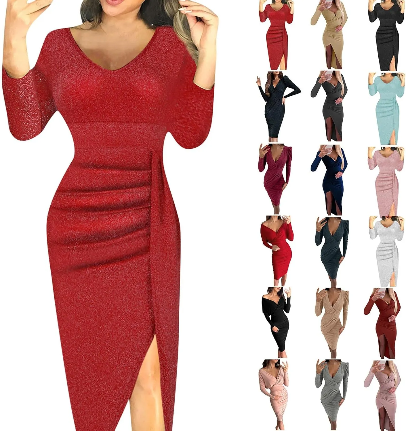 Cocktail Party Dresses,Elegant Formal Long Sleeve Sparkly Dress Plus Size Sexy Bodycon V Neck Smocked Slit Dress
