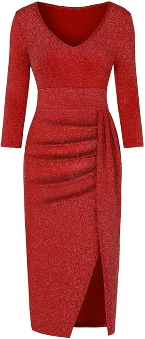 Cocktail Party Dresses,Elegant Formal Long Sleeve Sparkly Dress Plus Size Sexy Bodycon V Neck Smocked Slit Dress